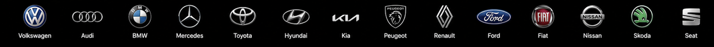 Volkswagen, Audi, BMW, Mercedes-Benz, Toyota, Hyundai, Kia, Peugeot, Renault, Ford, Fiat, Nissan, Skoda, Seat