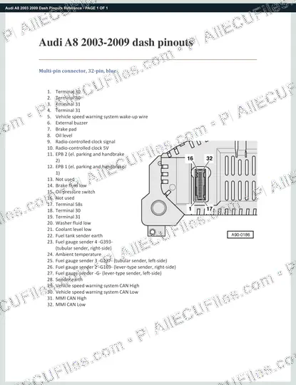 Watermarked preview of Audi A8 2003 2009 Dash Pinouts Reference
